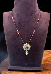 Beautiful Victorian polish black beads chain with green stone and pink beads